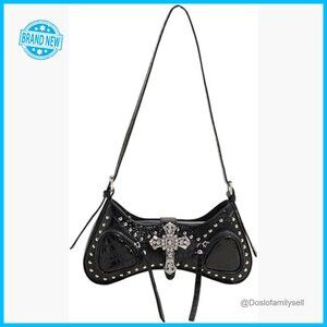 Y2K Studded Cross Shoulder Handbag Punk Top Handle Crescent Underarm Bag